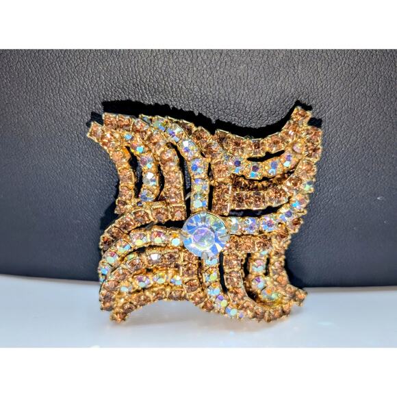 VTG 60s Kramer Gold Tone Vortex Wave Style Topaz & AB Rhinestone Pin Brooch - Picture 4 of 5